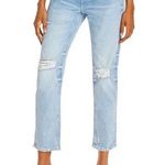 AQUA Yoke Detail Distressed Straight Leg Jeans in Light Wash Photo 0