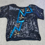 NWT Vintage 80s CARINA Sequin Top Blue Gold Lightning Black Silk Women's Large Photo 0
