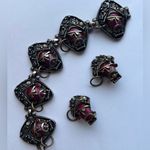 Vintage Selro Pirate Face Red Rhinestone Gold Brass Bracelet & Earrings Set Silver Photo 2