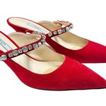 Prada Heels Womens 37.5- US 7.5 Red Suede Mules Jeweled Strap Kitten Heel Photo 1