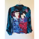 Chico's Fish Studio Style Asian Art Print Button Shirt Silk Blue Women's Size 2 Photo 1