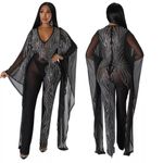 Women’s Black Sheer BodyCon Jumpsuit Silver Accents Bat Wing Sleeves **Size S Photo 1