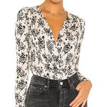 Free People Cream Navy Blue Printed Turnt Bodysuit Size Medium Photo 0