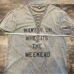 “Wake Me Up When It’s The Weekend” Tee with Tie Up Neckline One Size Gray Size undefined Photo 2