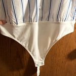 EXPRESS Blue/White Stripe Button Down Sweetheart Neck Puff Sleeve Bodysuit Large Photo 3