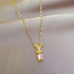 18K Gold Plated Bunny Pendant Necklace for Women,Pink Crystal Rabbit Necklace Photo 1