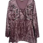 Style & Co  Crushed Velvet Boho Top Pink Floral Embroidered Fairy Lace Up Size PL Photo 0