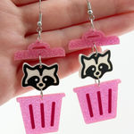 Funky Raccoon Trash Can Earrings: Glitter Acrylic, Quirky Jewelry Pink Photo 0