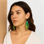 Colorful Boho Native Seed Bead Fringe Earrings Green Photo 0
