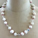 Vintage Mother of Pearl & Crystal Necklace with Pink Enamel Accents Photo 0