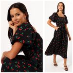 Petal & Pup Chlo Cherry Print Puff Sleeve Midi Dress Size Large Smocked Retro Black Photo 7