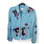 Maeve Anthropologie  Blue White Striped Pansy Embroidered Shirt Photo 2