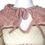Vintage Knit Embroidered Hoodie Sweater Oatmeal Pink Floral Cropped Crochet Size M Photo 3