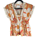 Deletta  Anthropologie Blouse Top Floral Print Crochet Trim Orange Yellow XS Photo 0