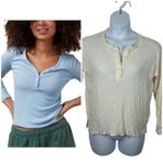 American Eagle AE  Cream Waffle Knit Long Sleeve Henley Tee XS Oversized Photo 1