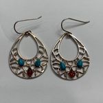 Sterling Silver Shell Style Turquoise and Amber Drop Dangle Silver Earrings with Teardrop Stones Photo 0