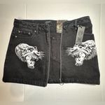 Ed Hardy ‎ Tigers Zipper Front Mini Denim Skirt Black Colorful Graphic Design L Photo 9