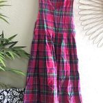 Vintage pink and green plaid deep v neck sleeveless pinafore overalls suspenders dungarees pleated skirt dress Photo 0