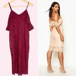 Boohoo Jess Lace Open Shoulder Dress Midi Berry NWT New Cocktail Straps Bodycon Photo 2