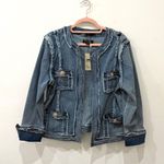 Renuar Silver Buttons Fringe Trim Pockets Denim Open Jacket Blue Women's Size M Size M Photo 0