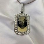 Early 2000's Chunky Goth Dog Tag Rhinestone Crown Skull Wing Necklace Silver Photo 2