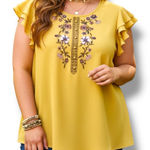Perch by Blue Pepper Plus Flutter Sleeve Mustard Floral Embroidered Top Size 3X Yellow Photo 0