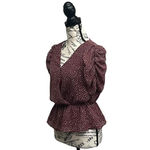 Paper Crane Burgundy Polka Dot Faux Wrap Blouse S Puff Sleeve Peplum Retro Pinup Photo 2