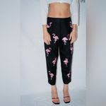 SLB Silk Lined Silk Capri Black Pants Embroidered Cropped Pink Flamingos Size 4 Photo 2