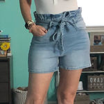 Black Label High Rise Paperbag Shorts Light Wash Tie Waist Denim Womens Large Photo 0