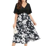 Bloomchic NWT Floral Print A Line Butterfly Sleeves Midi Dress in Black/White Photo 15