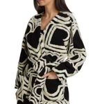 Farm Rio NWOT  Wool Blend Wild Hearts Tie-Belt Fleece Coat Size S Black White Photo 1