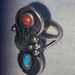 Old Pawn Vintage Navajo Sterling Silver Turquoise & Coral Ring Blue Photo 5