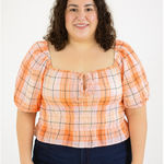 Abound NWOT  1X Coral Pink Plaid Square Neck Puff Sleeve Blouse Women’s Top Photo 0