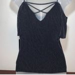 SHIFT Shiny Textured Stripe Strappy Crisscross Back Cold Shoulder Top Black S Photo 6