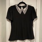 NWT AUW Size S Black Puff Short Sleeve White Eyelet Lace Collar Top Keyhole Back Photo 0