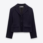 ZARA  Navy Blue Tailored Wool Blend Lapel Collar Long Sleeves Luxury Blazer Sz L Photo 3