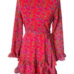 Mi Ami Red Floral Flounce Dress Junior Size S Belted Long Sleeve Lightweight Photo 0