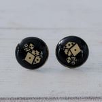 Retro Stud Earrings Black & Gold Tone Dice Photo 1