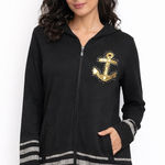 Quacker Factory Black Zip Hoodie Gold Anchor Rhinestone Nautical Jacket Size M Photo 0
