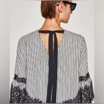 ZARA Woman Striped Lace Trim Bell Sleeve V Neck Tie Back Blouse Top Size S Photo 2