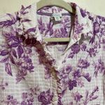 Sundance  Sz XS Chantilly Blooms Button Down Top Blouse White Purple Floral Bird Photo 3