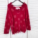 Grace & Emma Snowflakes Fuzzy Distressed Fringe Trim V Neck Sweater Red Small Photo 6