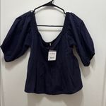 Free People  Veronica Sweetheart Top Off The Shoulder Navy Med Puff Sleeve Photo 1