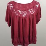 Free People Burgundy Lace Yoke Short Sleeve Crochet Knit Top Womens Size S Photo 3