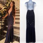Free People Beaded Sequin Plunging Midnight Navy Tulle Gown Maxi Dress 12 Photo 2
