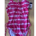California Waves Pink White Tie Dyed Laced Front One Piece Swimsuit Sz L NEW Photo 0