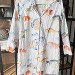 Fish dress shirt long sleeve button down coverup watercolor print beach swim White Photo 0