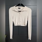 The Range  Beige Ribbed Button Front Long Sleeve Designer Top Mock Neck Sz S EUC Photo 2