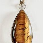 TIGER’S Eye Genuine Stone Pendant 925 Sterling Silver Plated Brown Photo 0