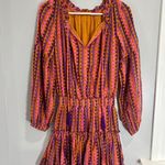Oliphant Boho Peasant Mini Dress Ruffle Neck Smocked Pink Geometric Tassel XS Purple Photo 0
